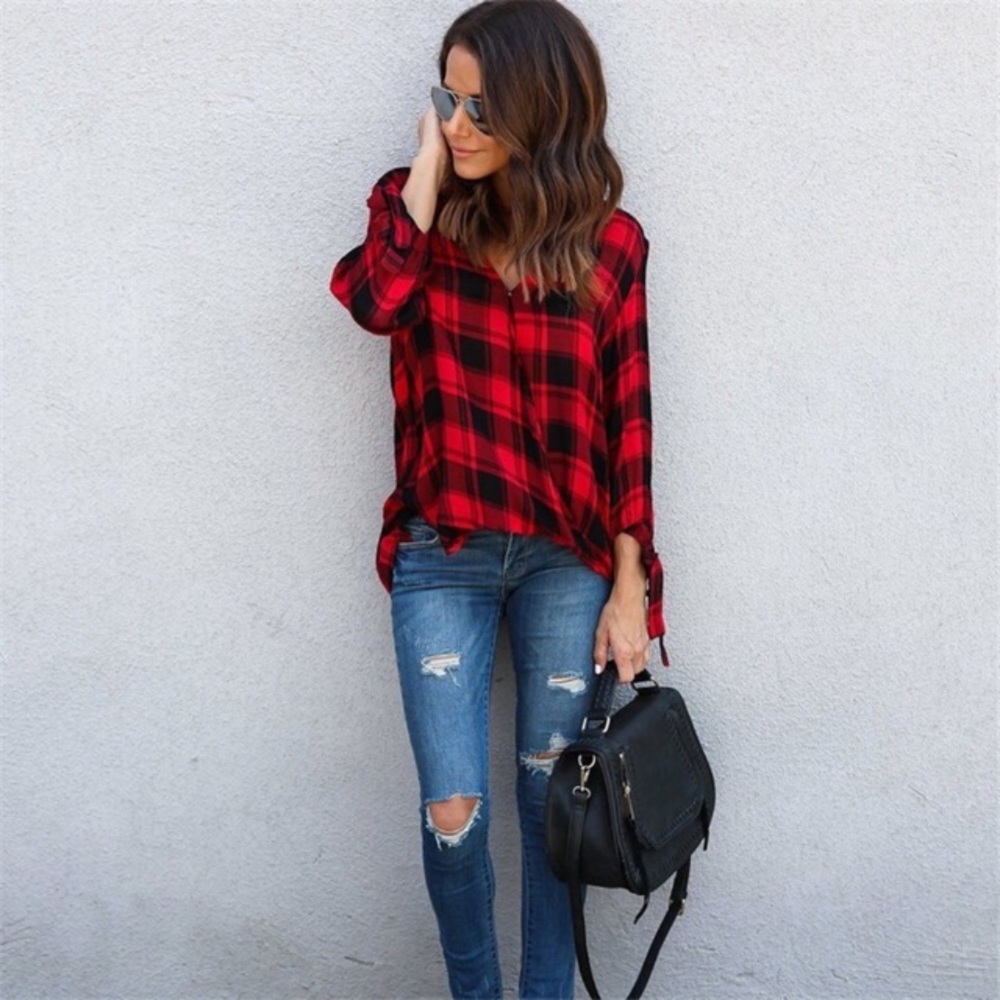 Surplice Deep V Tie Sleeve Plaid Flannel Blouse - Picture 3 of 5